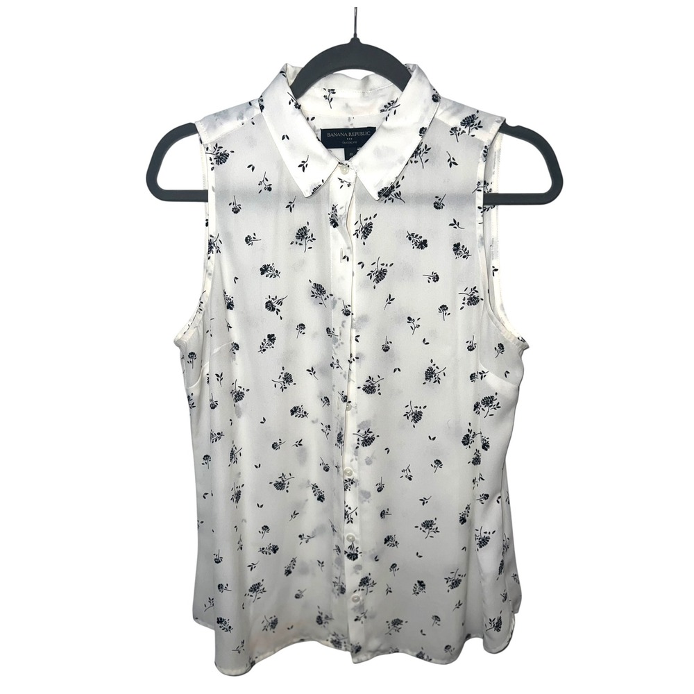 Banana Republic Sleeveless Blouse Floral Classic Fit Button Down‎ White Black M